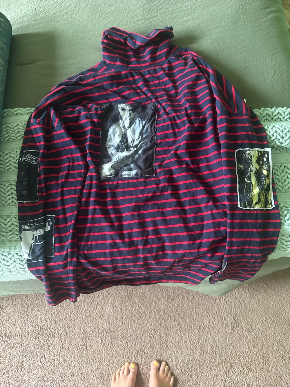 Raf Simons Red and Navy Striped Long Sleeve Tee with Graphic Patches
